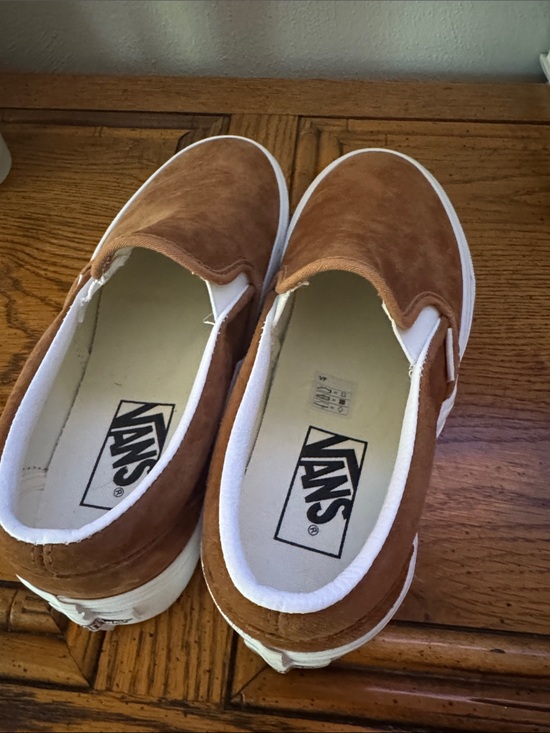 Vans Shoes - Vans Slip-On Sneakers in Brown Suede with White Trim